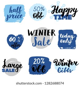 Set of winter sale logos and icons, labels, tags. Hand drawn winter sale badges, set of snow, holiday time, special offer signs and elements set