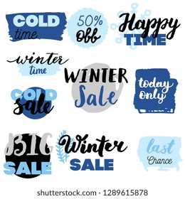 Set of winter sale logos and icons, labels, tags. Hand drawn winter sale badges, set of snow, holiday time, special offer signs and elements set