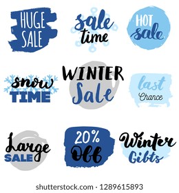 Set of winter sale logos and icons, labels, tags. Hand drawn winter sale badges, set of snow, holiday time, special offer signs and elements set