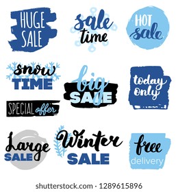 Set of winter sale logos and icons, labels, tags. Hand drawn winter sale badges, set of snow, holiday time, special offer signs and elements set