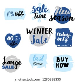 Set of winter sale logos and icons, labels, tags. Hand drawn winter sale badges, set of snow, holiday time, special offer signs and elements set