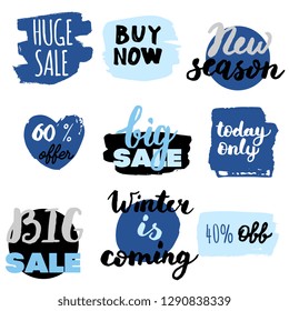 Set of winter sale logos and icons, labels, tags. Hand drawn winter sale badges, set of snow, holiday time, special offer signs and elements set
