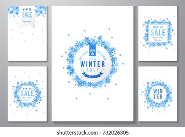 Set of winter sale poster designs with emblems and snowflakes. Vector illustration