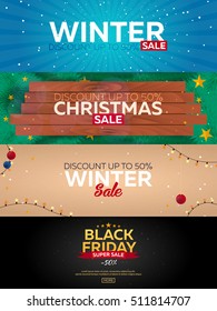 Set Winter sale Posters. Black Friday. Christmas sale. Vector illustration.