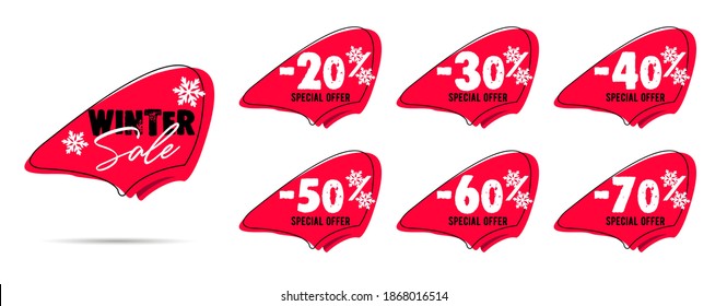 Set of winter sale price tag labels with promo slogan and discount percent made of snowflakes, red isolated shapes with promo copy for deals