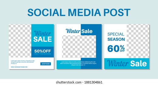 Set of winter sale social media post template design color blue. web banner promotion discount.