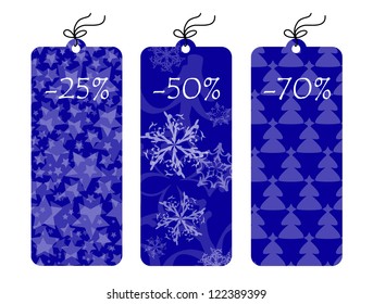 Set of winter sale tags - white shapes on blue background