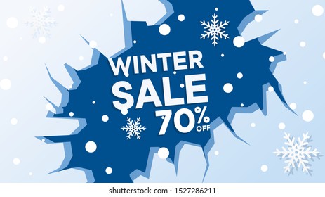 set of winter sale vector banner background with snowflakes and cracked ice, can use for, landing page, template, ui, web, mobile app, poster, banner, flyer, magazine, label, voucher