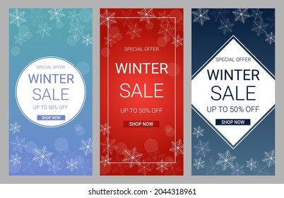 Set of winter sale vertical banners. Discount text on blue, red gradient background with snowflakes. Vector illustration