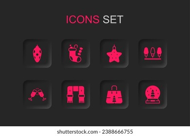 Set Winter scarf, Christmas stocking, toy, shopping bag, lights, snow globe, star and Glass of champagne icon. Vector