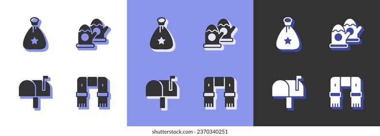 Set Winter scarf, Santa Claus bag gift, Mail box and Christmas mittens icon. Vector