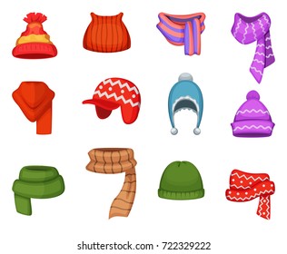 Set of winter scarfs and caps with different colors and styles. Winter cap clothes, fashion accessory clothing knitted, vector illustration