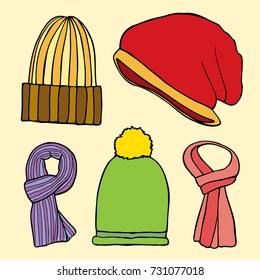 Set of winter scarfs and caps with different colors and styles. Winter cap clothes, fashion accessory clothing knitted, vector illustration