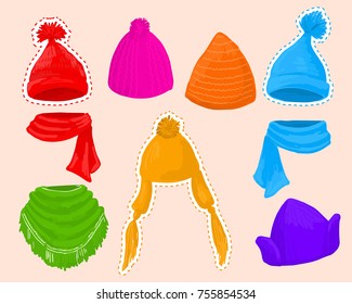 Set of winter scarfs and caps with different colors and styles. Winter cap clothes, fashion accessory clothing knitted