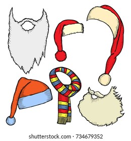 Set of winter scarfs and caps Santa's beard with different colors and styles. Winter cap clothes, fashion accessory clothing knitted, vector illustration