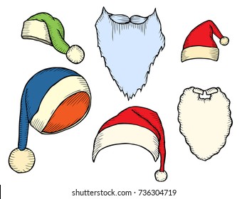 Set of winter scarfs and caps Santa's beard with different colors and styles. Winter cap clothes, fashion accessory clothing knitted, vector illustration