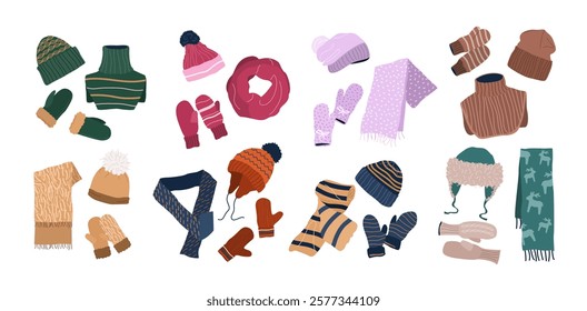 Set of winter scarves, hats and gloves. Woolen, knitted and cotton accessories for men, women, and kids. Fashion collection. Stylish warm garments. Isolated flat vector illustrations on white.