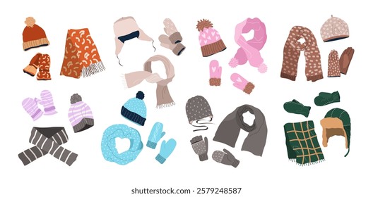 Set of winter scarves, hats, and gloves. Woolen, knitted, and cotton accessories for men, women, and children. Stylish and cozy garments for cold weather. Isolated flat vector illustrations on white.