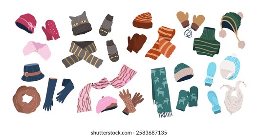 Set of winter scarves, hats and gloves. Woolen, knitted and cotton accessories for men, women, and kids. Cozy fashion collection. Stylish warm garments. Isolated flat vector illustrations on white.