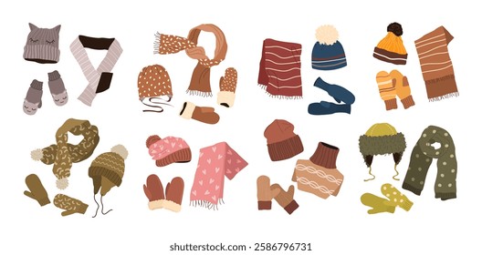 Set of winter scarves, hats, and gloves. Woolen, knitted, and cotton accessories for men, women, and children. Various cozy garments for cold weather. Isolated flat vector illustrations on white.