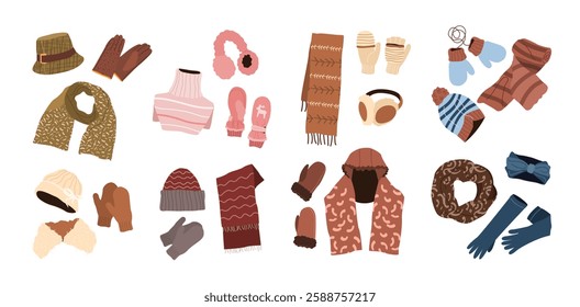 Set of winter scarves, hats, and gloves. Woolen, knitted, and cotton accessories for men, women, and children. Various cozy garments for cold weather. Isolated flat vector illustrations on white.