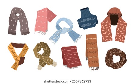 Set of winter scarves: woolen, knitted, cotton, mufflers, snoods, and tippets for men, women, and kids. Stylish cold-weather accessories and warm garments. Isolated flat vector illustrations on white.