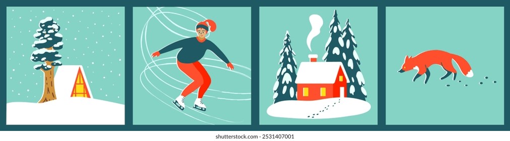 Set with Winter Scenes: Christmas Houses, Figure Skater girl, Fox on the snowdrift. Colorful Vector Illustration in Trendy Retro Linocut Style for Cards, Posters, season Decor and Social Media