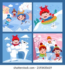 Escenas de invierno. Niños guapos jugando bolas de nieve cerca del fuerte de la nieve, esquiando, patinando, en tubos. Zona de juegos para niños. Caracteres de dibujos animados, ilustración vectorial.