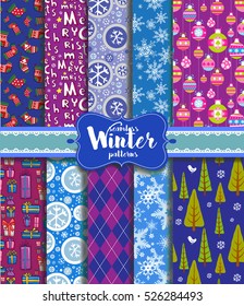 Set of Winter seamless backgrounds with traditional winter patterns.