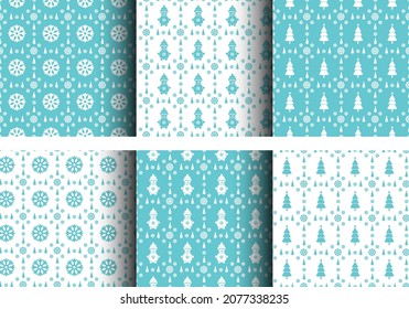 Set winter seamless pattern with snowflakes, snowman and Christmas tree