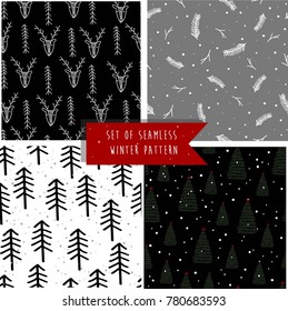 Set of winter seamless pattern. Vector wrapping paper template.
