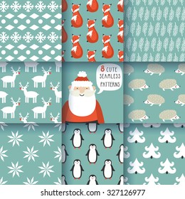 Set of winter seamless patterns with animals and decorative elements. Awesome holiday vector backgrounds. Christmas repeating textures for your surface design, wallpapers, fabrics, wrapping paper etc.