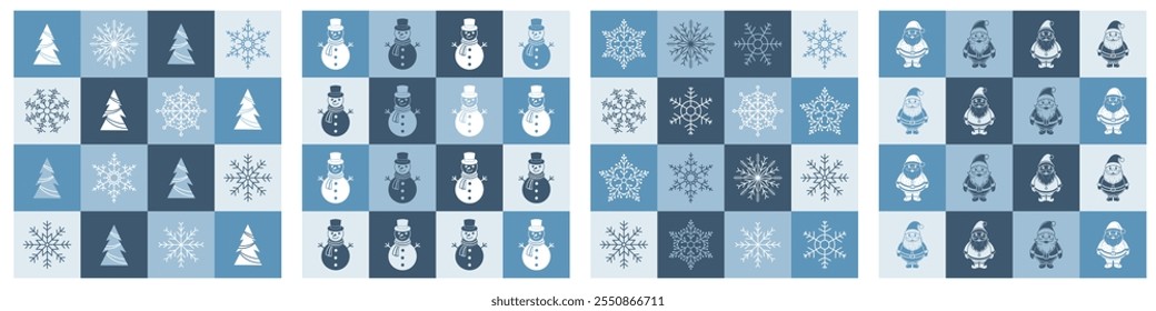 Set of winter seamless patterns with Christmas trees, snowmen, Santa Claus and snowflakes in blue tones. Christmas geometric backgrounds, holiday design templates