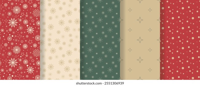 Conjunto de patrones sin costuras de invierno para Navidades y año Nuevo. Fondos de colores tradicionales con copos de nieve. Impresiones acogedoras festivas para textiles, papel digital, embalaje, tela, Vector