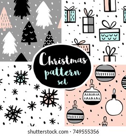Set of winter seamless patterns with christmas trees, snowflakes, gifts and baubles