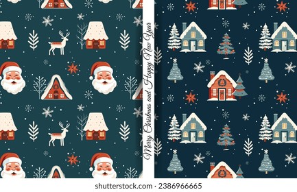 Set of winter seamless patterns with cute santa and houses. Scandinavian Christmas pattern. Winter background