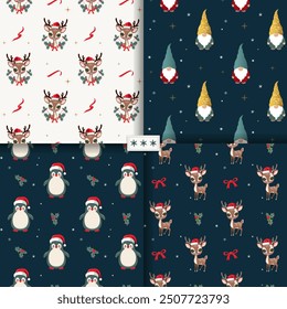 Set of winter seamless patterns with cute christmas characters. New year backgrounds. Xmas decorations.