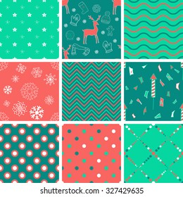 Set of winter seamless patterns with hand drawn elements. Christmas and New Year background for decoration, wallpaper and print. Eps10 