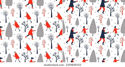 Set of Winter seamless patterns with people and trees in blue, red and gray for New Year printing on textiles or packaging.	