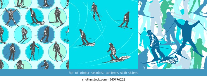 Set of winter seamless patterns with skiers