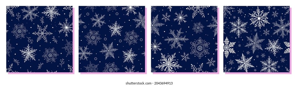 Set of winter seamless patterns with snowflakes. Patterns for textiles, prints, web page design, templates, social media design. Blue background. Vector illustration.