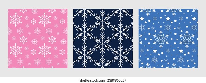 Set von Winter nahtlosen Mustern mit Schneeflocken. Hintergrund von Schneeflocken auf Rosa, Blau und hellblau. Vektorgrafik.