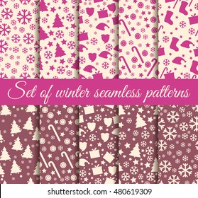 Set of winter seamless patterns with snowflakes, Christmas trees and toys. Christmas seamless patterns. Set vector illustration.