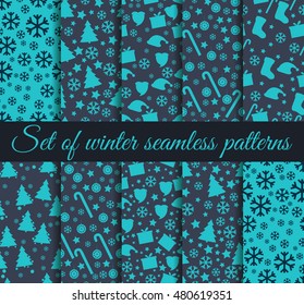 Set of winter seamless patterns with snowflakes, Christmas trees and toys. Christmas seamless patterns. Set vector illustration.
