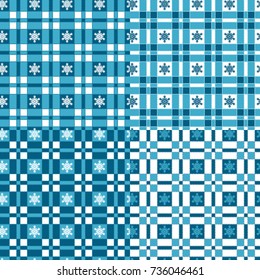 Set of winter seamless patterns with tartan and snowflakes. Vector backgrounds, textures.