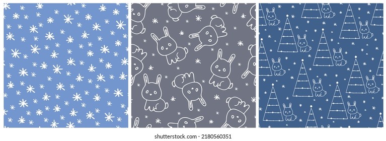 Set of winter Seamless Patterns with tiny bunnies, Snowflakes, Christmas trees isolated on blue and grey. Simple vector illustration. New Year theme. Symbol of 2023 year. For fabric, textile, print.