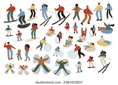 Conjunto de ilustraciones de actividades de la temporada invernal, personas esquiando, snowboard, patinaje sobre hielo, trineo, tubos, jugando bolas de nieve, construyendo muñecos de nieve, haciendo clipart vector de ángel de nieve, imágenes de estilo plano.