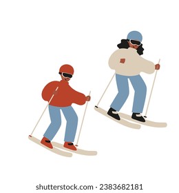 Set of winter season activities illustrations, people skiing, snowboarding, ice skating, sledding, tubing, playing snowballs, building snowman, making snow angel vector clipart, flat style images.