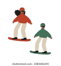 Set of winter season activities illustrations, people skiing, snowboarding, ice skating, sledding, tubing, playing snowballs, building snowman, making snow angel vector clipart, flat style images.