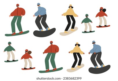 Set of winter season activities illustrations, people skiing, snowboarding, ice skating, sledding, tubing, playing snowballs, building snowman, making snow angel vector clipart, flat style images.